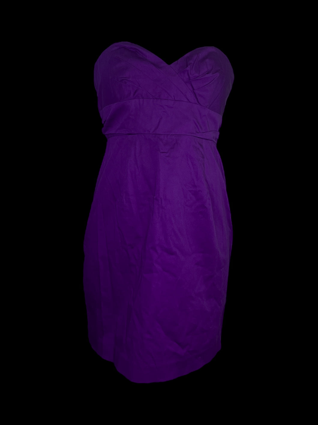 S Royal purple strapless dress w/ sweetheart neckline, pleating on chest, & back zipper closure