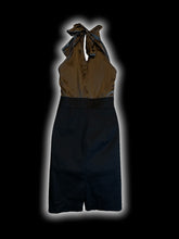 Load image into Gallery viewer, S Dark grey &amp; black sleeveless high neckline dress w/ tie keyhole back, &amp; side zipper closure
