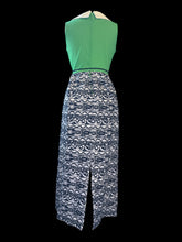 Load image into Gallery viewer, L Vintage 50s/60s Multicolor sleeveless maxi dress w/ green ribbed bust, white collar, dark blue pattern skirt, &amp; back zipper closure
