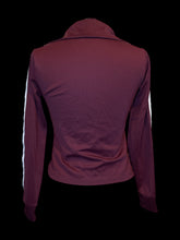 Load image into Gallery viewer, M Burgundy &amp; white Adidas track jackets w/ folded collar, &amp; zipper pockets
