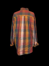Load image into Gallery viewer, 2X Earth tone checker pattern long sleeve button down top w/ button cuffs, folded collar, &amp; chest pocket
