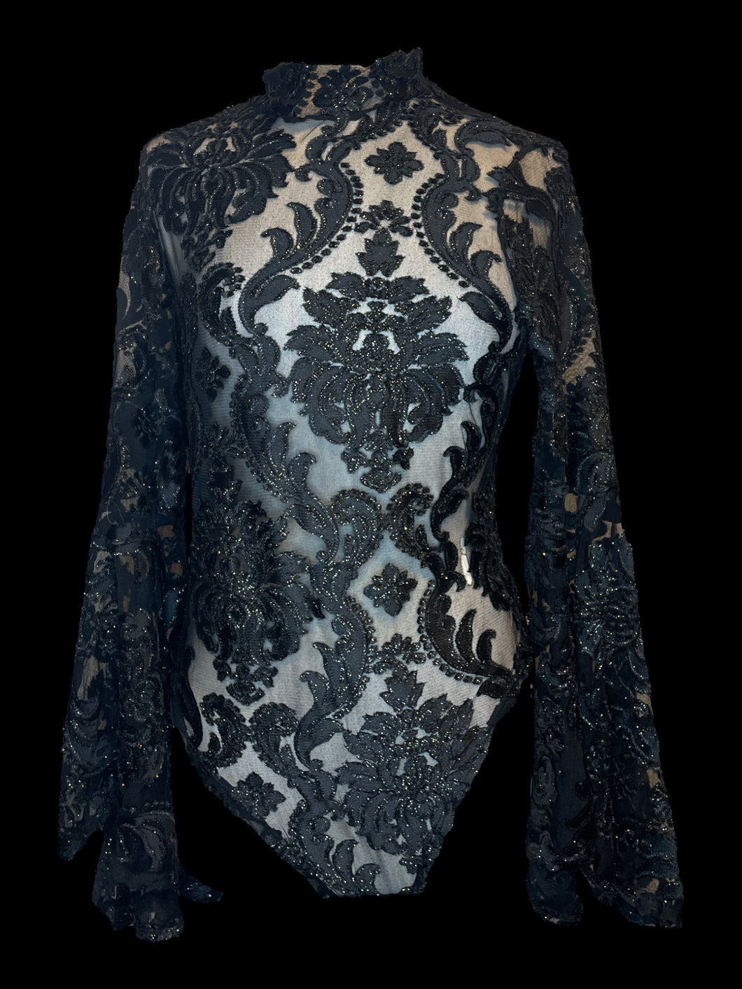 0X Black & metallic silver sheer mesh & paisley high neck bell sleeve bodysuit w/ two snap closure, & button keyhole detail