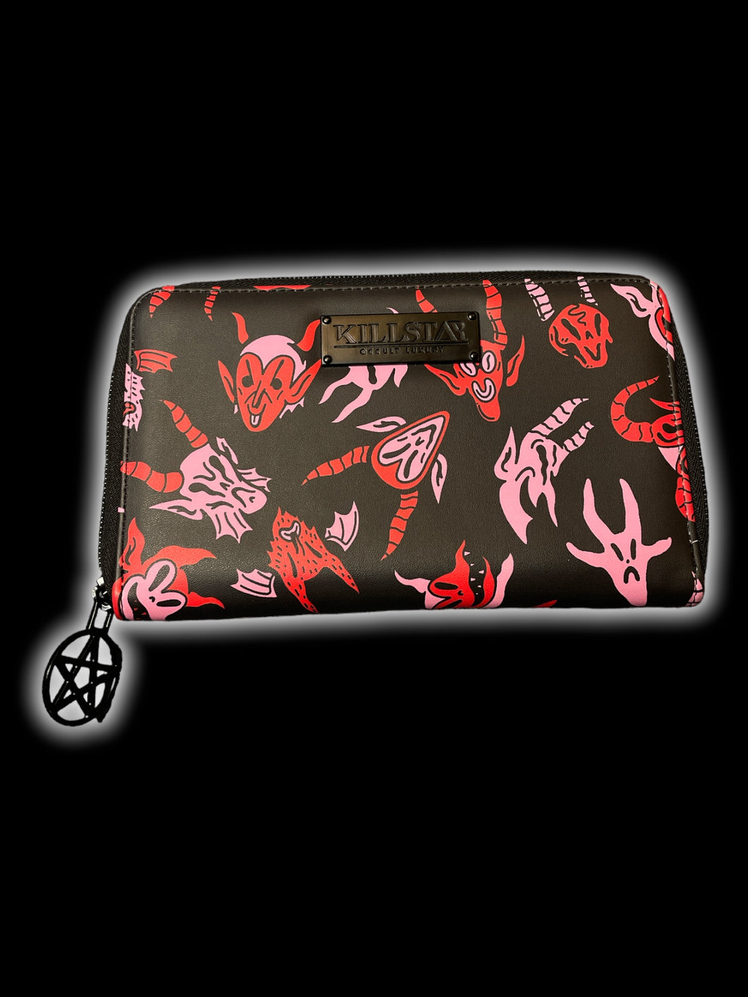 Black, red, & pink Killstar clutch wallet w/ demon graphic, & pentacle zipper closure