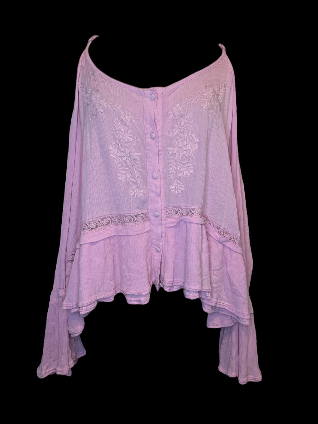 4X Light pink textured off the shoulder long sleeve button-up top w/ floral embroidery, lace detail, bell sleeve, ruffle hem, & adjustable straps