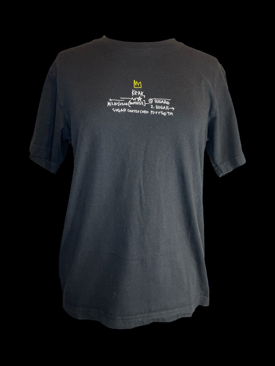 L Black short sleeve crew neck cotton top w/ Jean-Michel Basquiat embroidery on front, & graphic on back