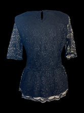 Load image into Gallery viewer, L Black lace half sleeve scoop neck peplum top w/ button keyhole closure
