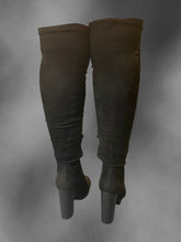 Load image into Gallery viewer, 9.5M/10W Black faux suede block heel thigh high boots w/ partial zipper closure
