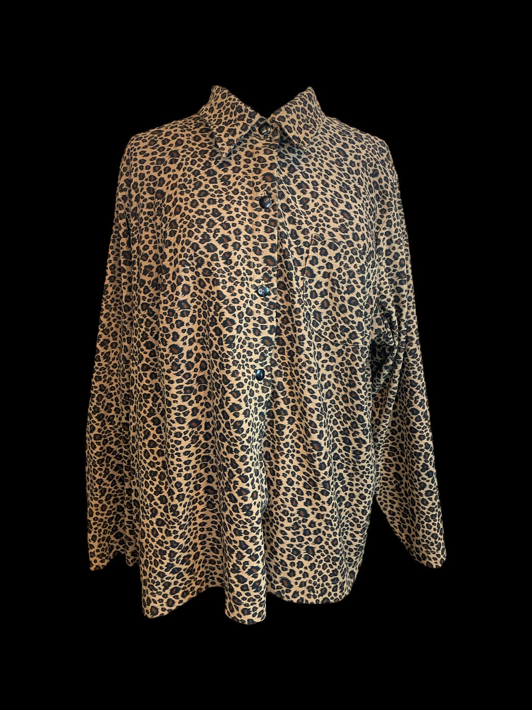 3X Vintage 70s black & brown animal print long sleeve button down top w/ folded collar, & chest pocket
