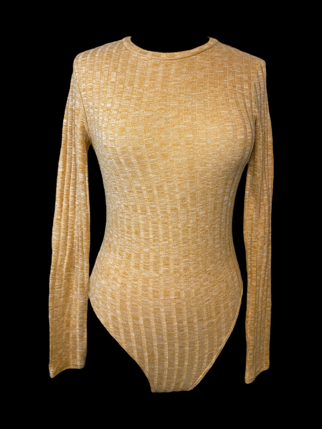 M Heathered light orange long sleeve bodysuit w/ stripe detail, & snap button closure