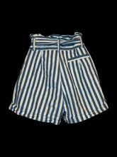 Load image into Gallery viewer, M White &amp; blue stripe high waist paper bag shorts w/ cloth belt, pockets, button/two clasp/zipper closure, &amp; ruffle details
