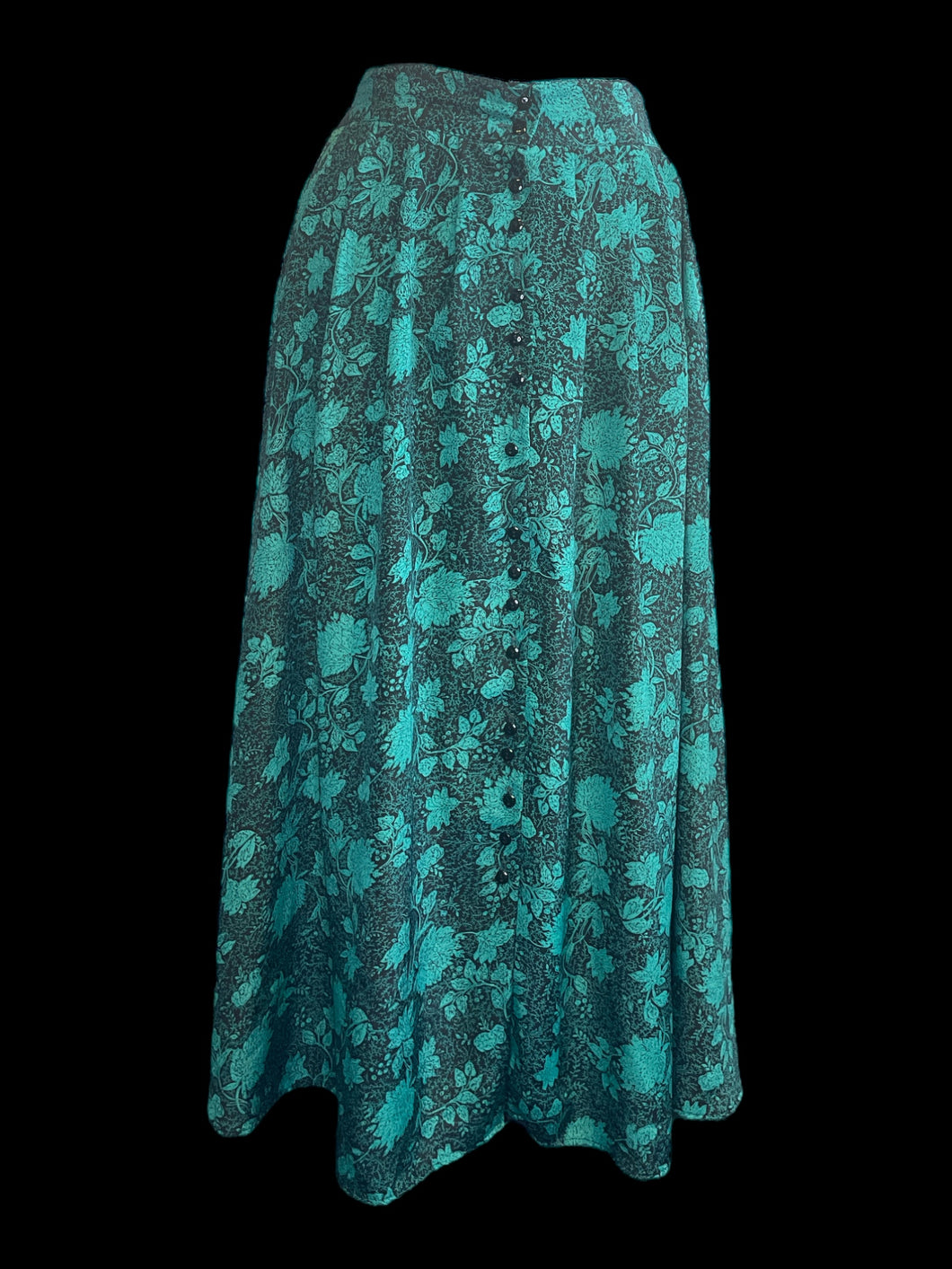 M Vintage green & black botanical pattern maxi skirt w/ partial button closure, & elastic waist
