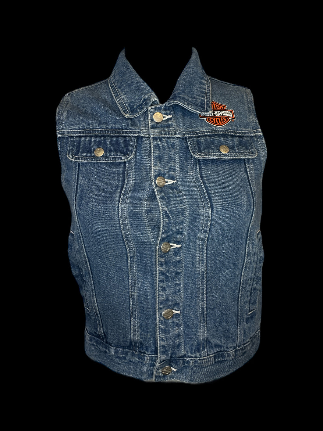S Vintage 80s blue denim Harley Davidson button-up vest w/ pockets, collar, & Harley Davidson print