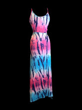 Load image into Gallery viewer, M Pink, blue, &amp; purple tie dye sleeveless scoop neck maxi dress w/ cutout details, &amp; side hem slits
