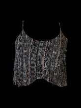 Load image into Gallery viewer, M Black, white, &amp; peach geometric stripe pattern sleeveless crop top w/ faux wrap hem, &amp; adjustable straps
