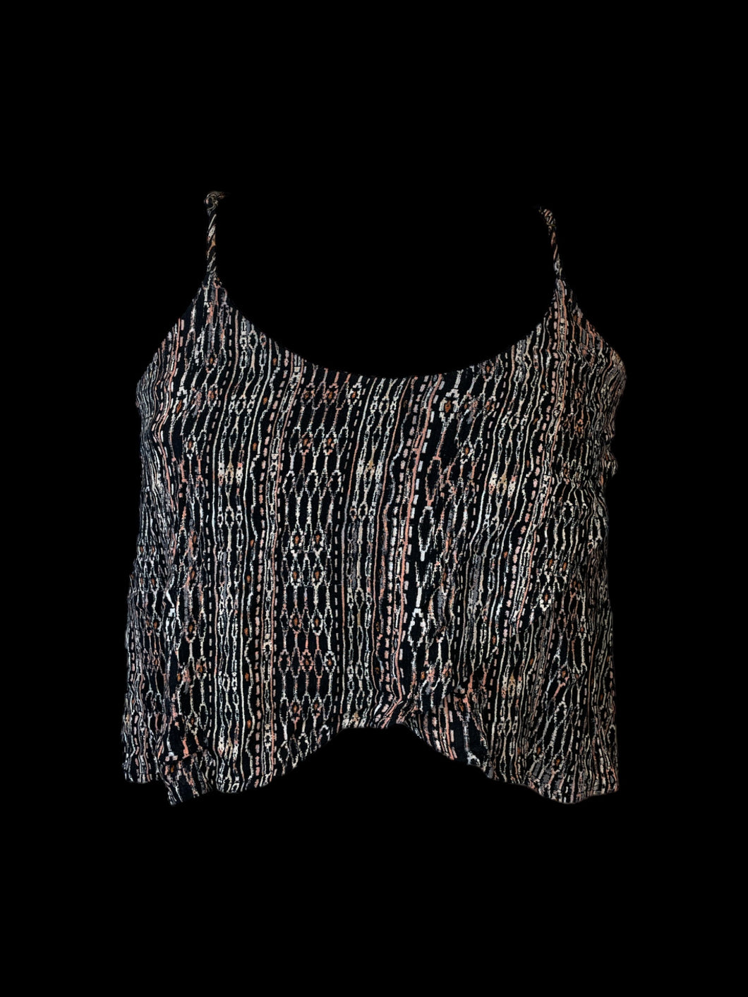 M Black, white, & peach geometric stripe pattern sleeveless crop top w/ faux wrap hem, & adjustable straps