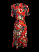 Load image into Gallery viewer, L Carrot orange &amp; multicolor tropical floral print short sleeve v-neckline faux wrap dress w/ asymmetrical hi-lo ruffle skirt
