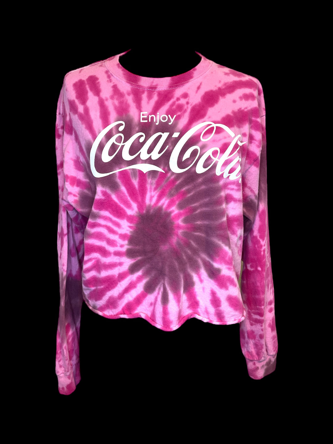 0X Pink, purple, & white tie dye long sleeve crew neck cotton crop top w/ white Coca-Cola logo graphic