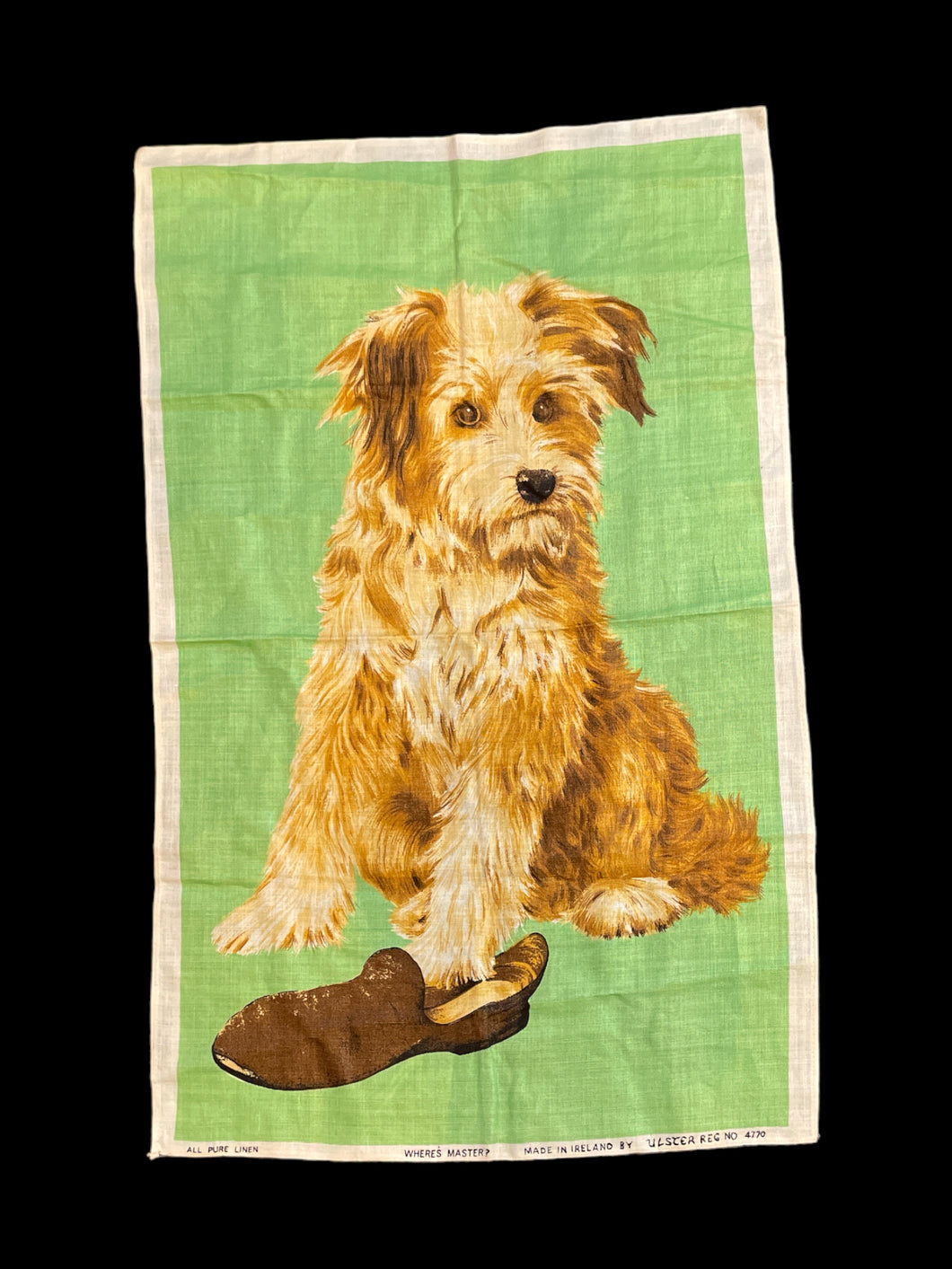 Vintage 70s linen tapestry of dog & shoe