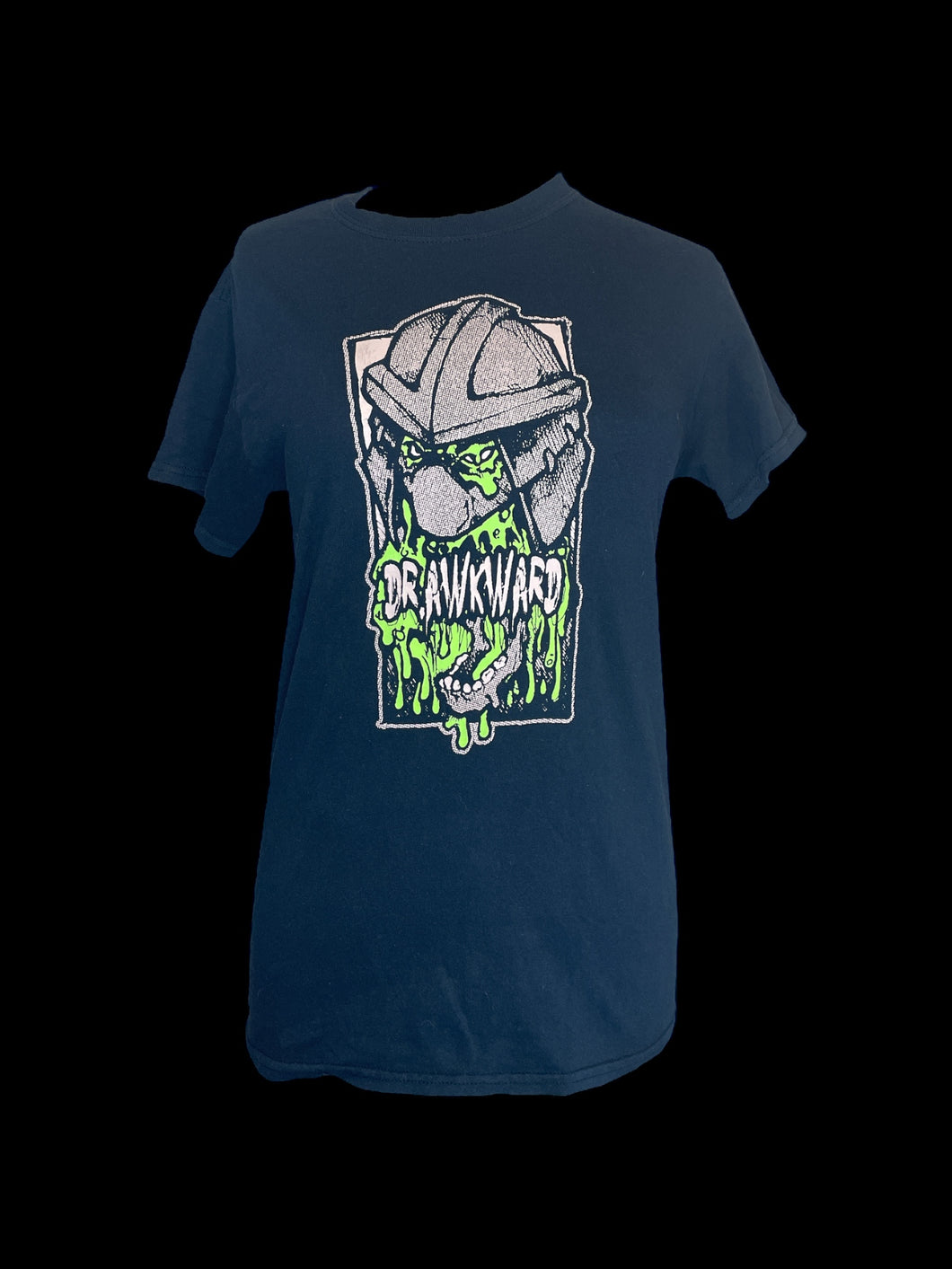 M Black short sleeve crew neck cotton top w/ light pink & neon green Dr. Awkward graphic