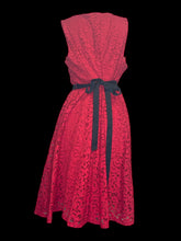 Load image into Gallery viewer, 1X Red lace dress w/ mock wrap bust, black waist ribbon, belt loops, petticoat, &amp; side zipper closure
