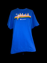 Load image into Gallery viewer, 0X Blue Champion crewneck short sleeve shirt w/ &quot;The Phuture is Phluid&quot; White &amp; rainbow text

