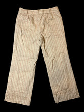 Load image into Gallery viewer, L Beige, brown, &amp; orange linen blend pinstripe high waist straight leg pants w/ pockets, belt loops, &amp; two clasp/zipper closure
