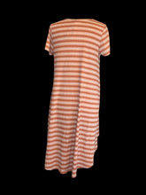Load image into Gallery viewer, XL Salmon, pink, &amp; white stripe rib knit short sleeve scoop neck hi-lo dress w/ chest pocket
