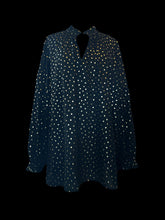 Load image into Gallery viewer, 3X Black balloon sleeve sheer V-neck top w/ gold polka dot pattern, ruffle hem, &amp; button cuffs
