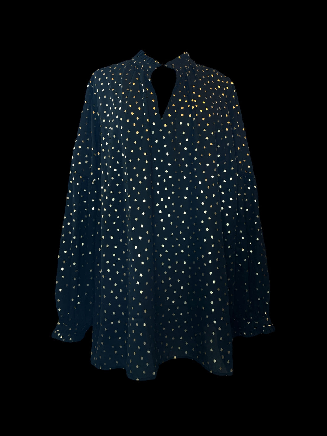 3X Black balloon sleeve sheer V-neck top w/ gold polka dot pattern, ruffle hem, & button cuffs
