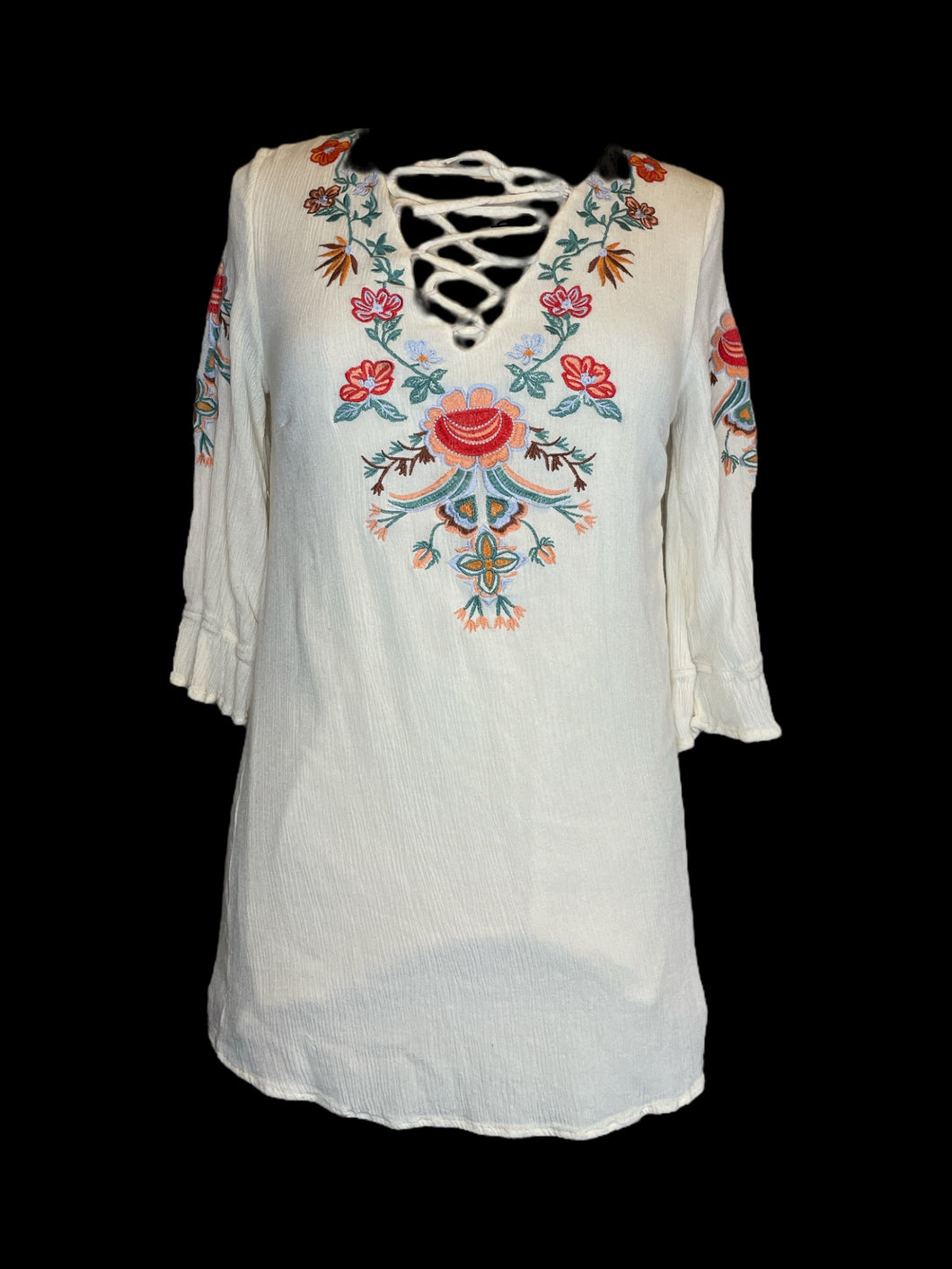 S Off-white half sleeve lace up neckline top w/ multicolor floral embroidery, & ruffle cuffs