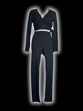 Load image into Gallery viewer, M NWT black rib knit long sleeve wrap top &amp; taper leg pants set w/ elastic waist

