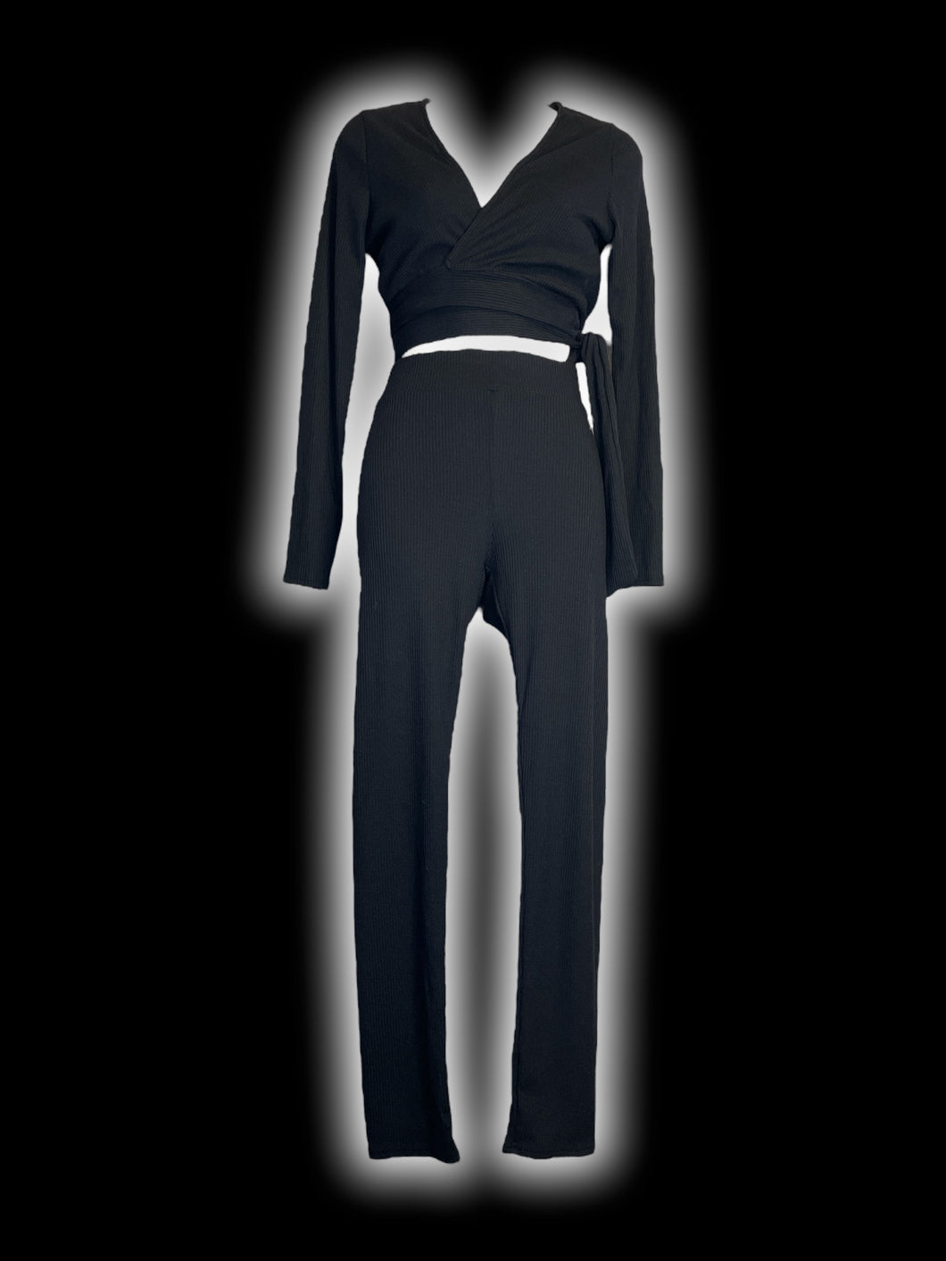 M NWT black rib knit long sleeve wrap top & taper leg pants set w/ elastic waist