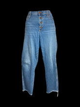 Load image into Gallery viewer, L Blue denim taper leg high waist pants w/ raw hem, belt loops, pockets, &amp; four button closure
