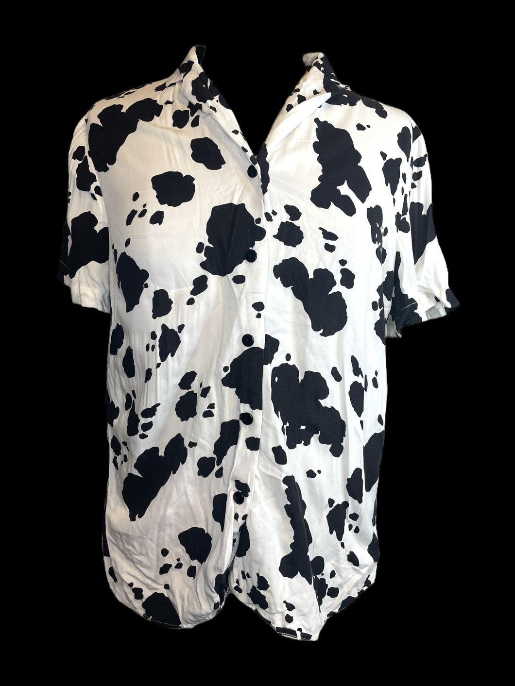 0X White & black cow print short sleeve button down top w/ folded collar