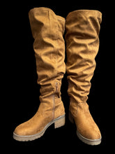 Load image into Gallery viewer, 10W Brown faux suede wide calf knee high boots w/ side buckle, side half zipper, &amp; chunky heel
