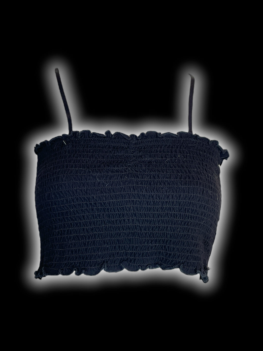 XS Black shirred sleeveless bralette w/ adjustable straps, & ruffle hem