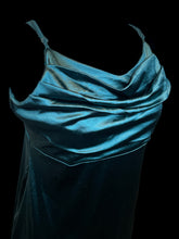 Load image into Gallery viewer, L Dark green blue satin sleeveless pleated neckline dress w/ asymmetric hem, &amp; adjustable straps
