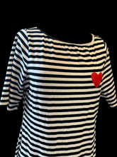 Load image into Gallery viewer, 0X Black &amp; white stripe maxi t-shirt dress w/ red heart graphic
