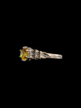Load image into Gallery viewer, 7 silver like ring w/ yellow cut gem, &amp; decorative tiered setting
