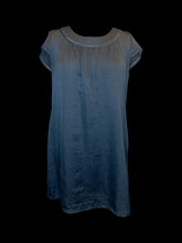 Load image into Gallery viewer, XL Grey satin like scoop neck dress w/ grey slip, cap sleeves, and small cutouts along neckline
