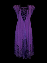 Load image into Gallery viewer, M Purple short sleeve Holy Clothing dress w/ multitexture pattern, ruffle sleeves, built-in fabric belt, &amp; keyhole back
