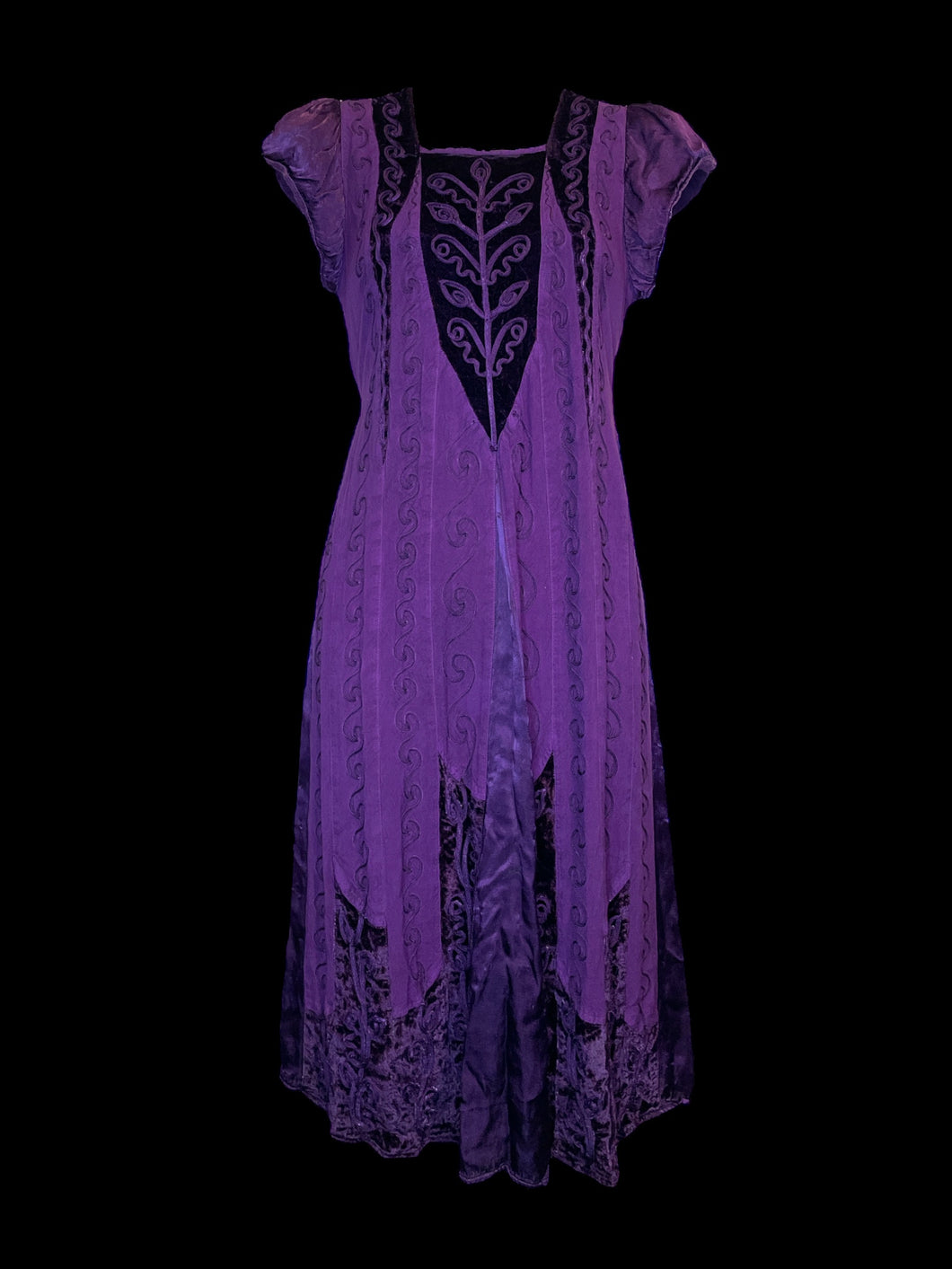 M Purple short sleeve Holy Clothing dress w/ multitexture pattern, ruffle sleeves, built-in fabric belt, & keyhole back