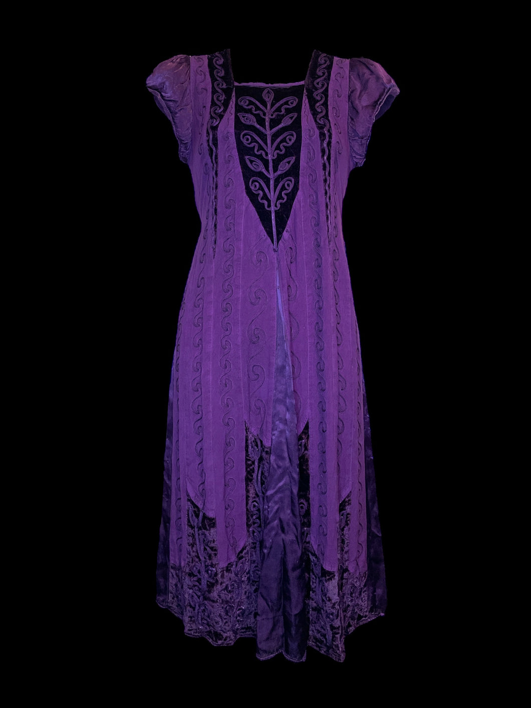 M Purple short sleeve Holy Clothing dress w/ multitexture pattern, ruffle sleeves, built-in fabric belt, & keyhole back