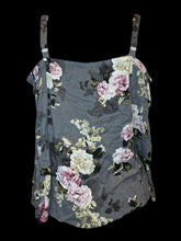 Load image into Gallery viewer, 1X Grey, off-white, &amp; pink floral sleeveless v-neckline faux button up top w/ elastic back, &amp; adjustable straps
