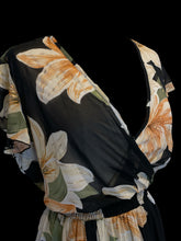 Load image into Gallery viewer, XL Black, beige, &amp; peach floral print sheer short butterfly sleeve mock wrap neckline maxi dress w/ gold accents, short black petticoat, &amp; shirred waist

