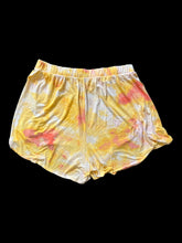 Load image into Gallery viewer, 0X Yellow, pink, &amp; white tie dye shorts w/ side hem slits, &amp; elastic waist
