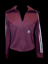 Load image into Gallery viewer, M Burgundy &amp; white Adidas track jackets w/ folded collar, &amp; zipper pockets
