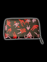 Load image into Gallery viewer, Black, red, &amp; pink Killstar clutch wallet w/ demon graphic, &amp; pentacle zipper closure

