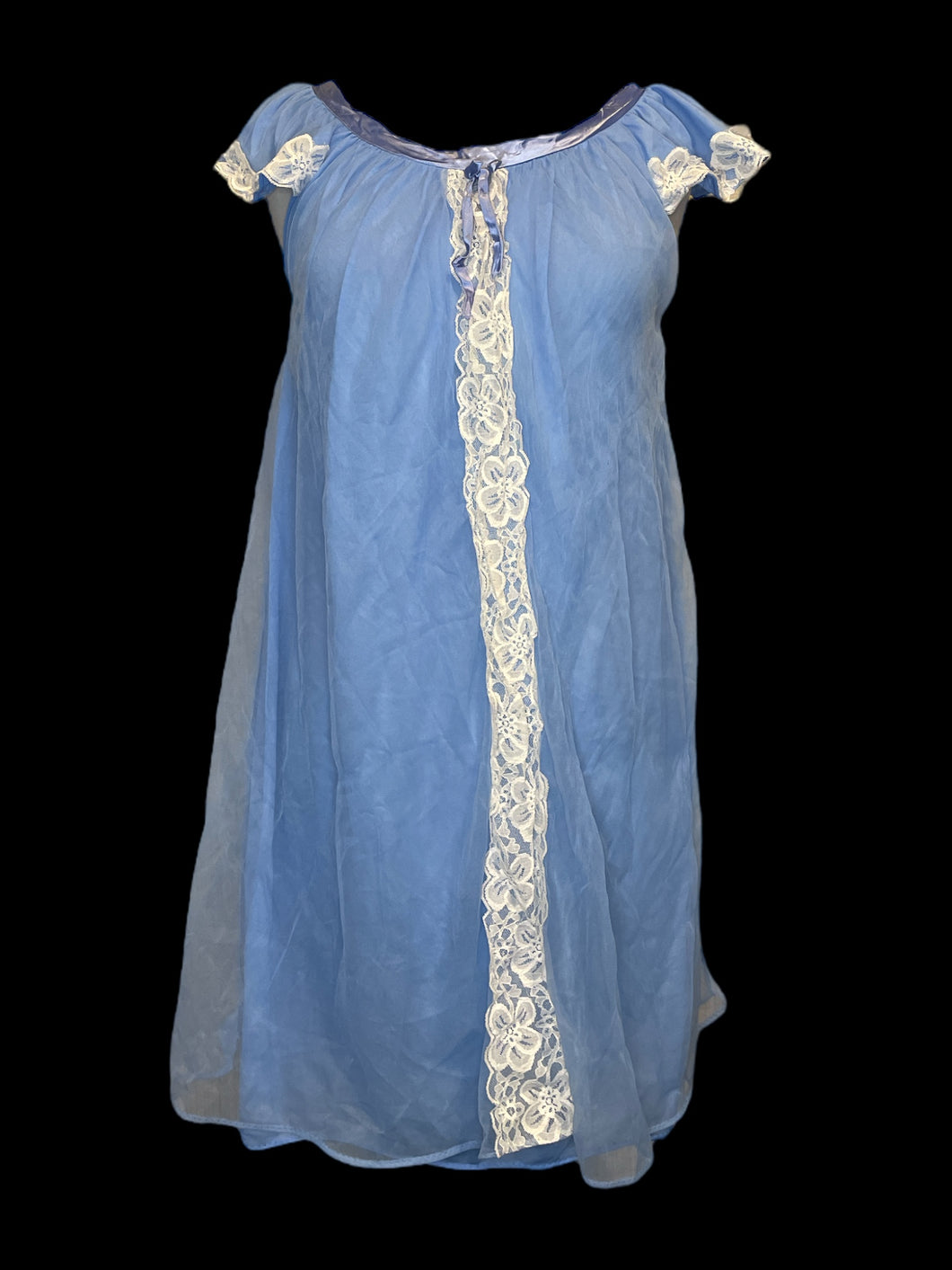 XL Periwinkle blue sheer mesh short cap sleeve dress w/ white lace accents, & tie detail