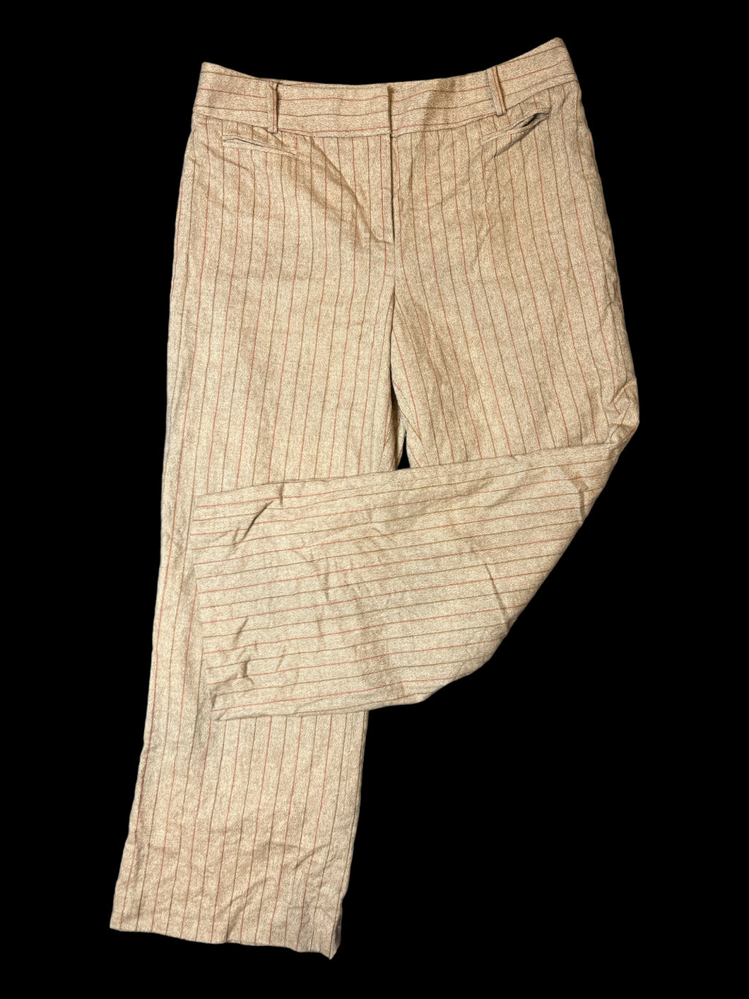 L Beige, brown, & orange linen blend pinstripe high waist straight leg pants w/ pockets, belt loops, & two clasp/zipper closure